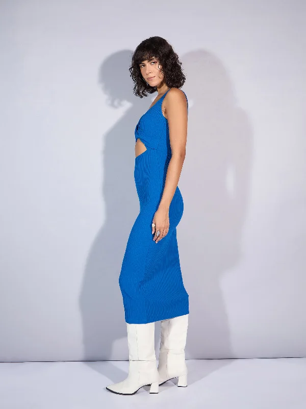 Women Royal Blue Rib Front Twist Cut-Out Midi Dress