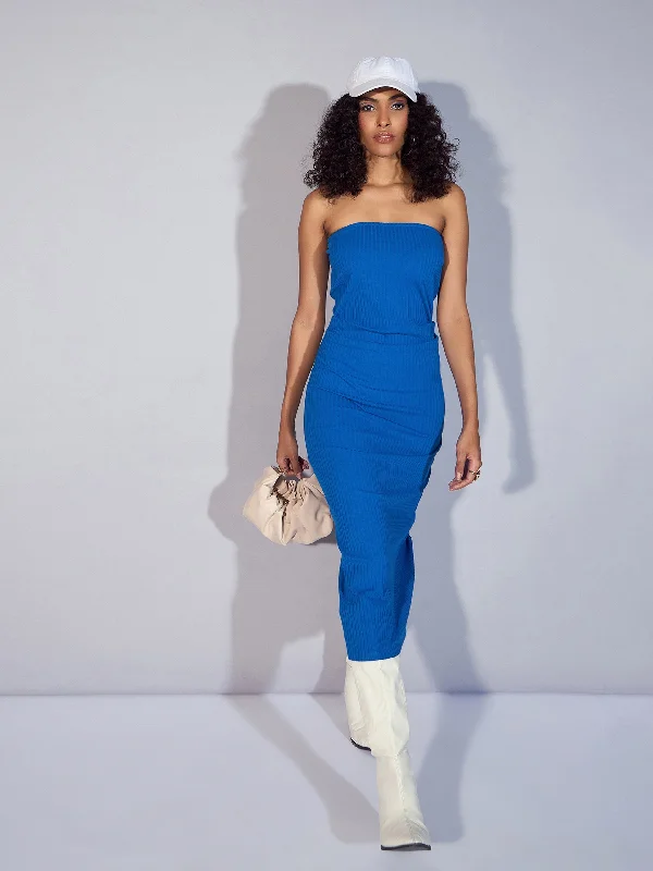 Women Royal Blue Rib Tube Midi Dress