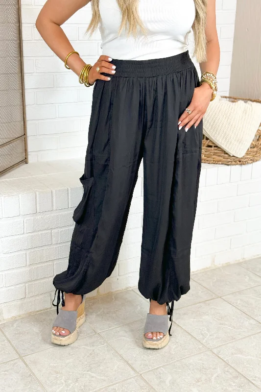 Black Satin Cargo Pants