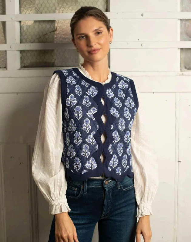 Blockprint Celest Vest in Navy Floral with Precious Scalloped Border