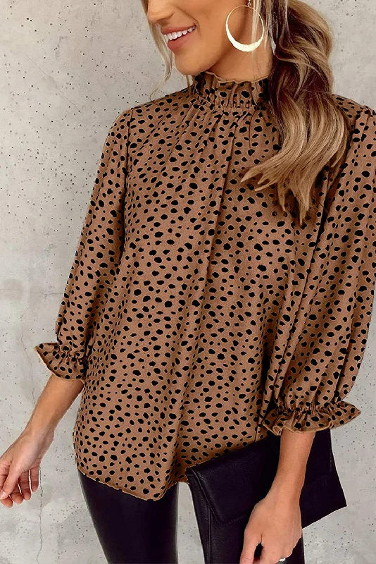 Frilled 3/4 Sleeves Leopard Printed Mock Neck Blouses Top